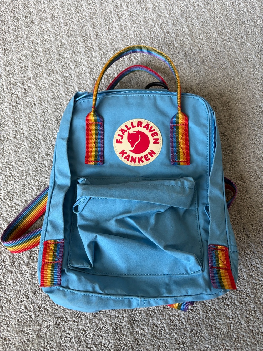 Fjallraven Kanken • Mini Backpack in Light Blue with Rainbow Straps